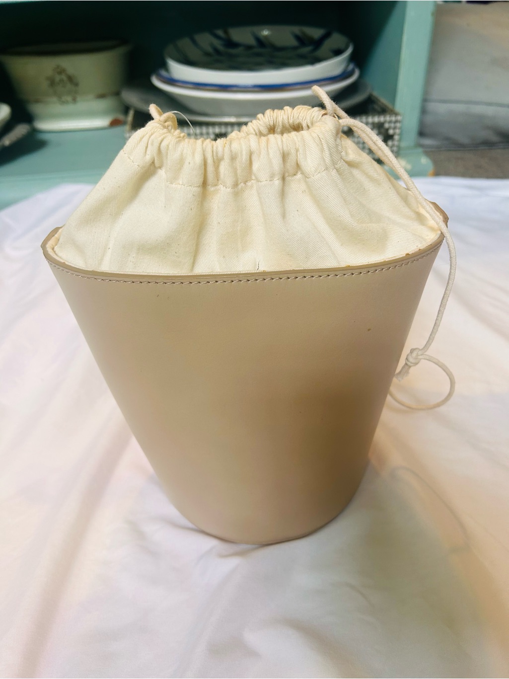 J. Crew Cream Leather Bucket Crossbody With Canvas Top